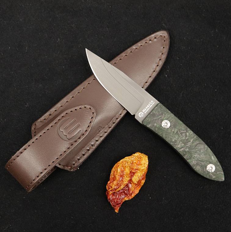 Maserin Small Damascus Fixed Blade Green Carbon Knife