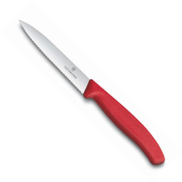 Victorinox Nůž na zeleninu s červenou střenkou a zubatým ostřím