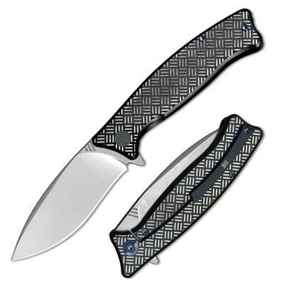 We Knife Balaenoptera 712F Black and White Ti Handle M390 Stonewash Blade