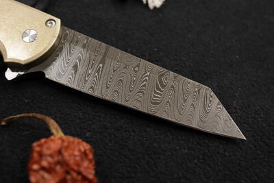 Pro-Tech Malibu Flipper Stonewash Bronze Al Handle, Damascus Blade by Chad Nichols - 5